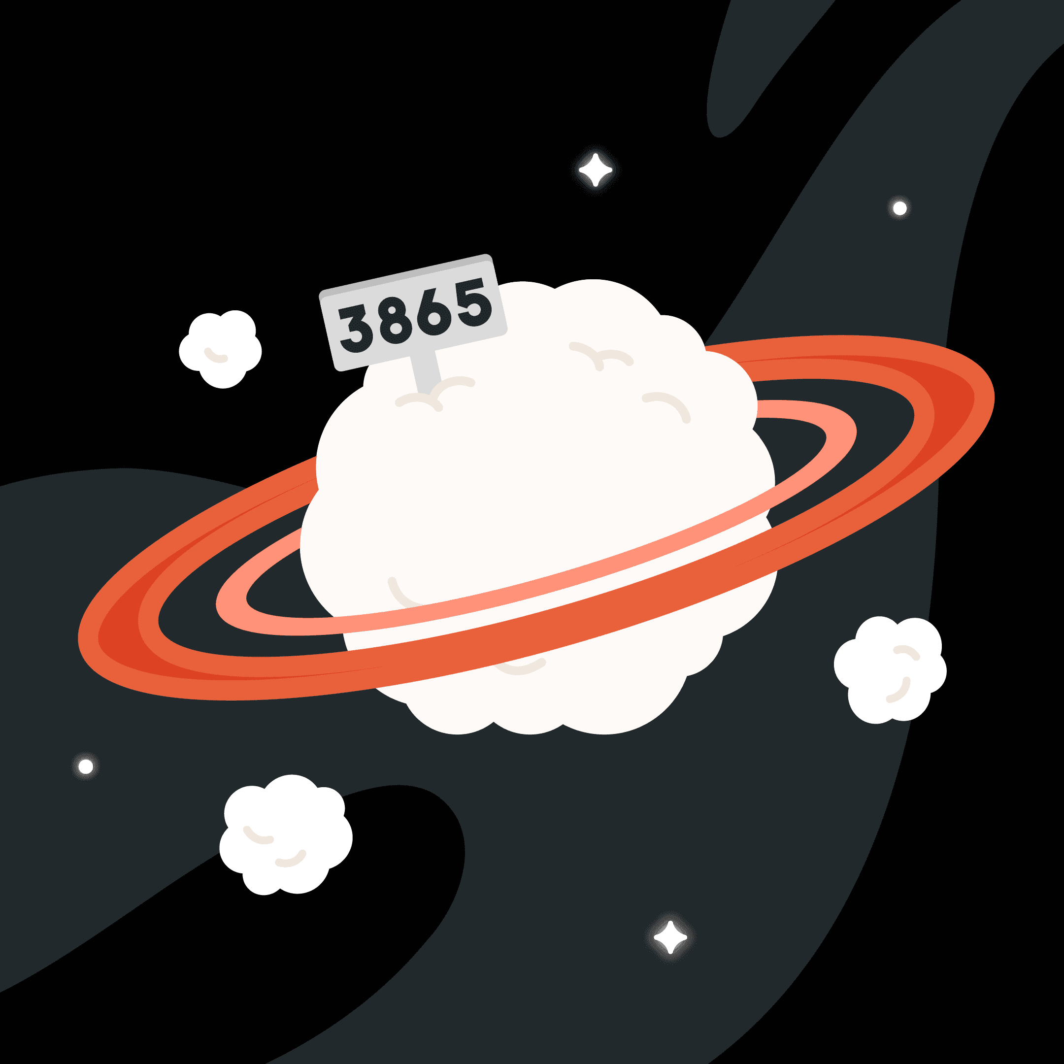 Illustration: Planet 3865, a white cloud-shaped planet with an orange ring and a signpost reading 3865